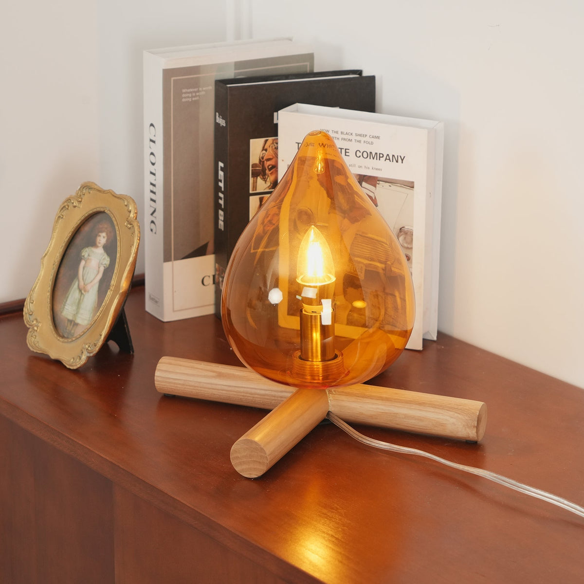 Flame-Effect Glass Table Lamp – Wooden Cross Base – View 23