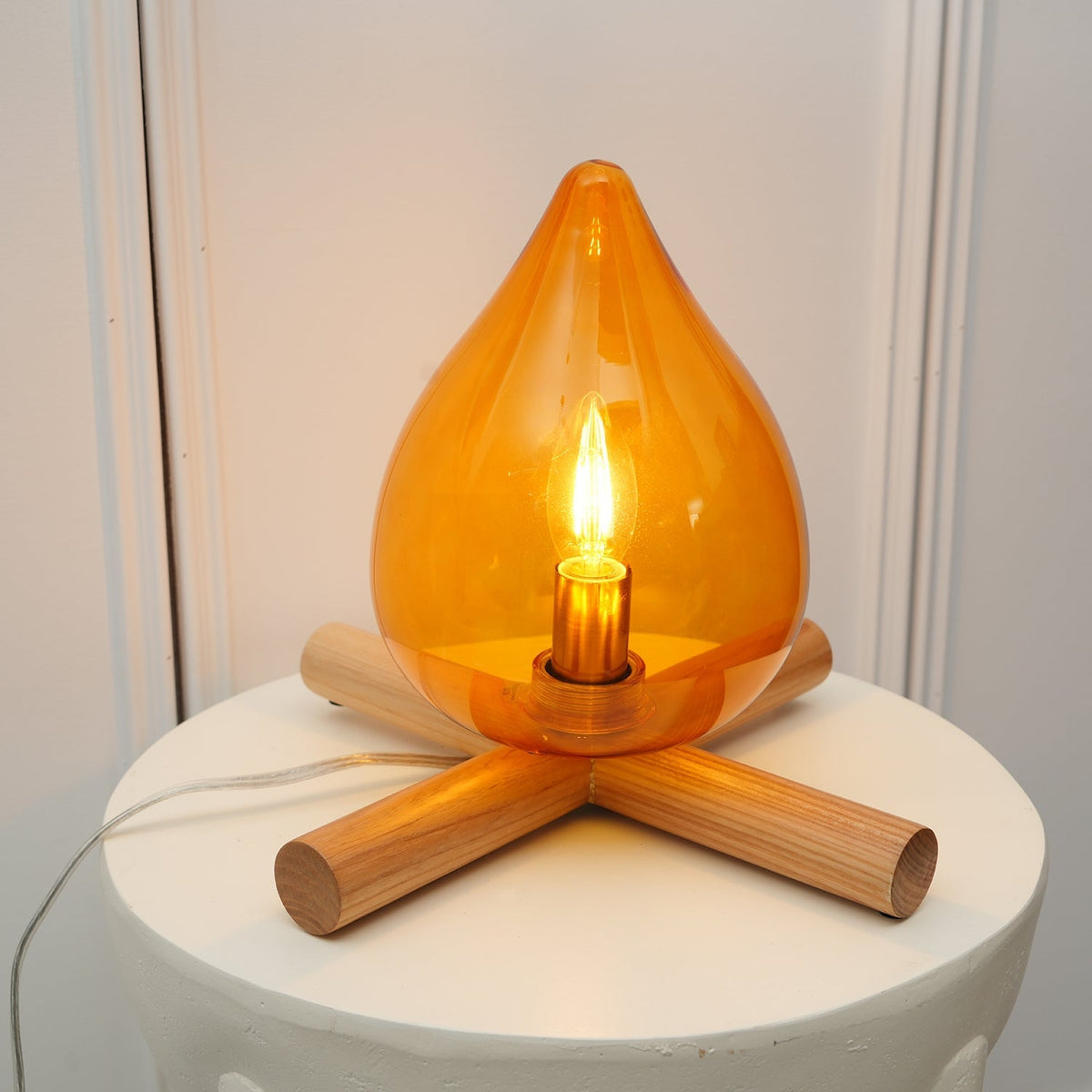 Flame-Effect Glass Table Lamp – Wooden Cross Base – View 12