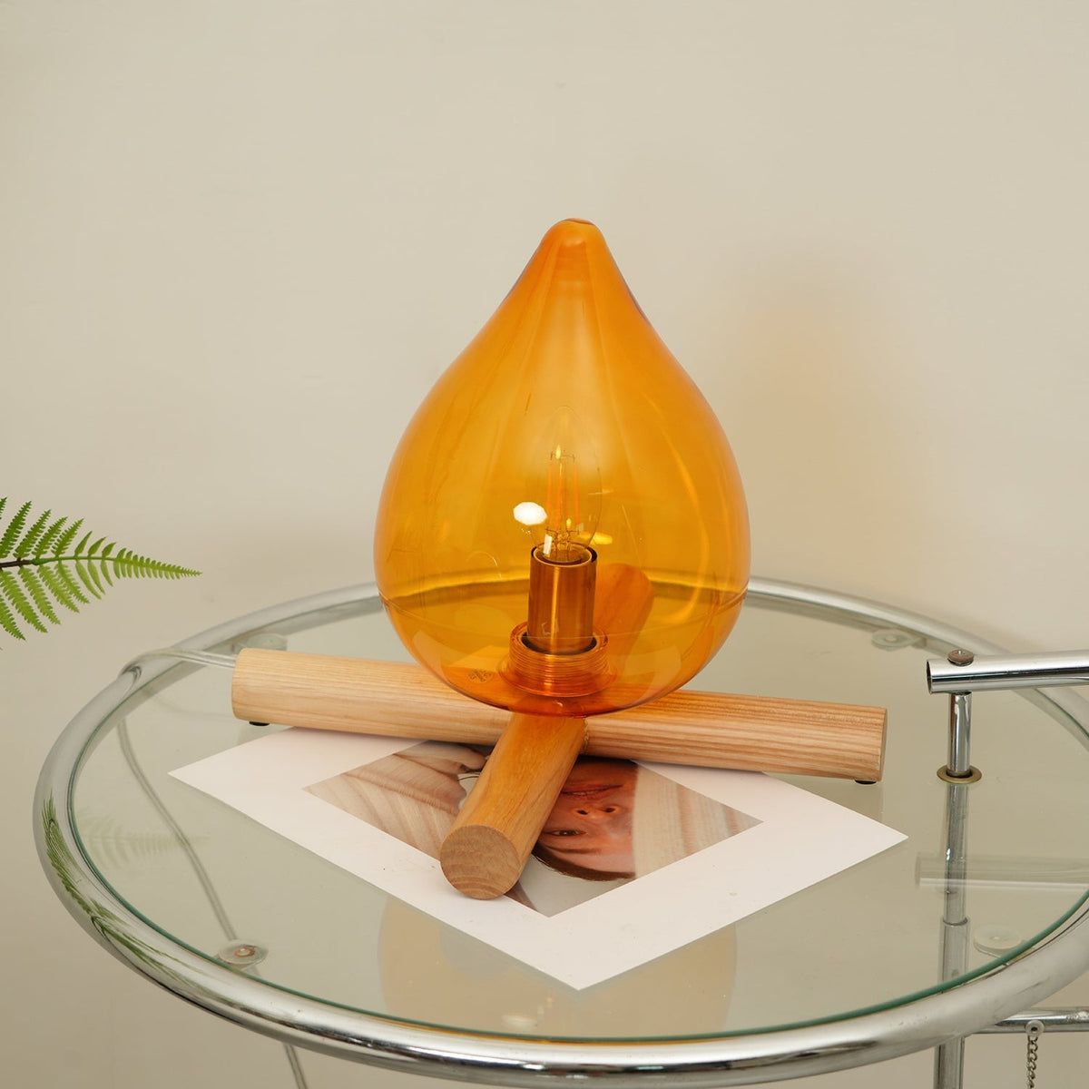 Flame-Effect Glass Table Lamp – Wooden Cross Base – View 18