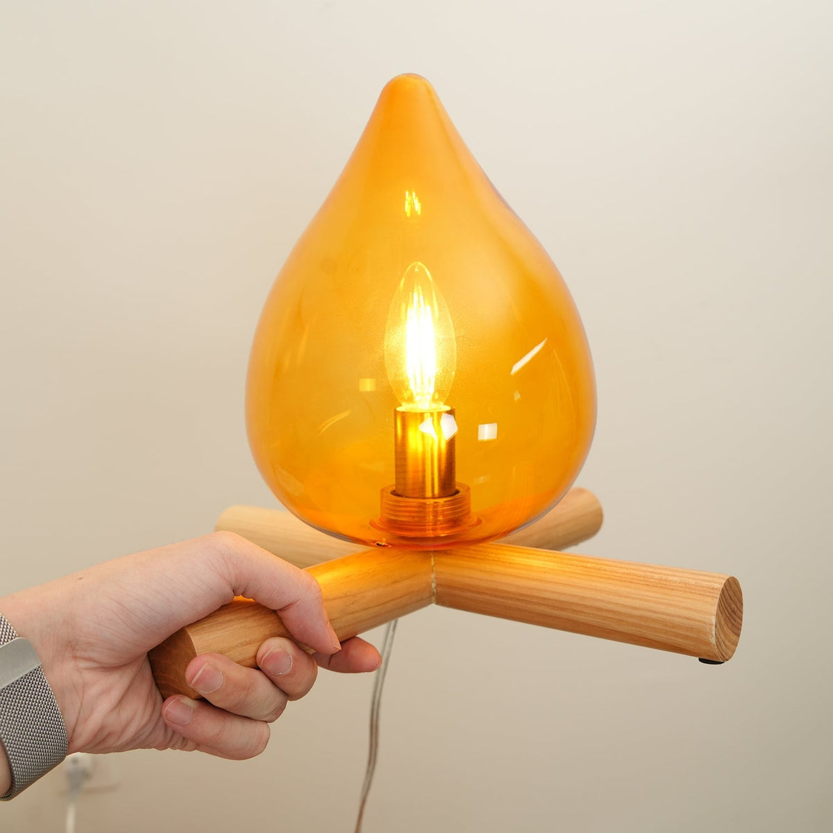 Flame-Effect Glass Table Lamp – Wooden Cross Base – View 13