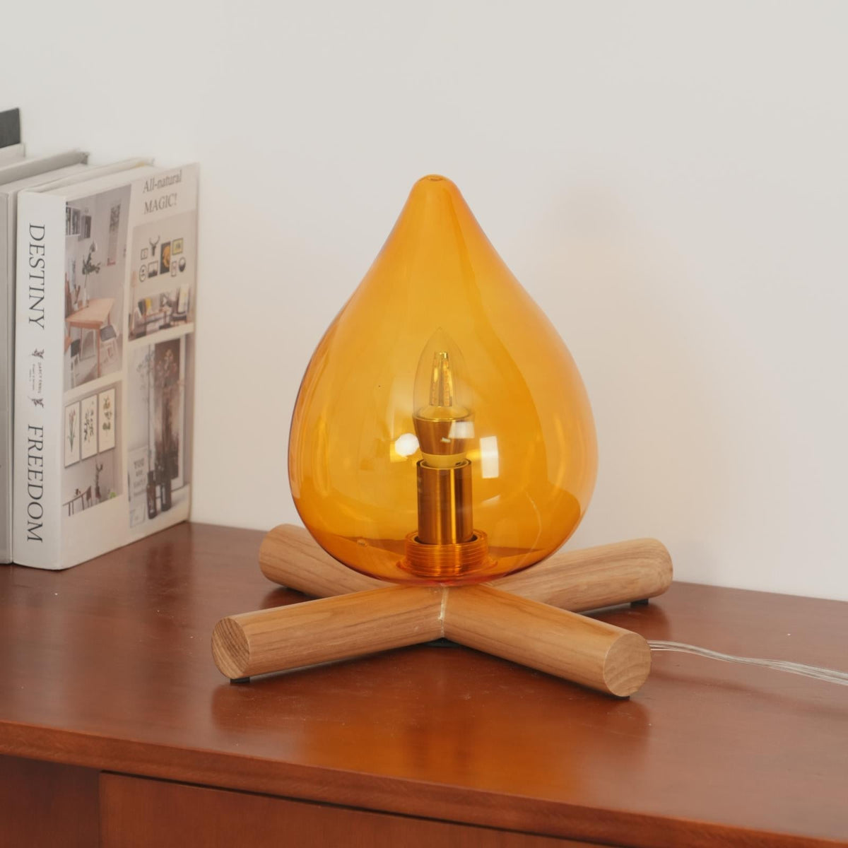 Flame-Effect Glass Table Lamp – Wooden Cross Base – View 32