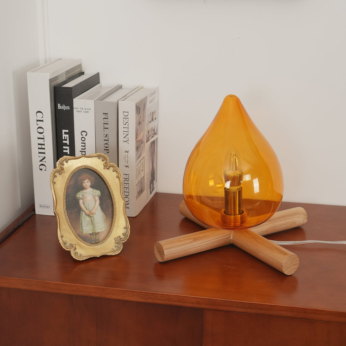Flame-Effect Glass Table Lamp – Wooden Cross Base – View 3