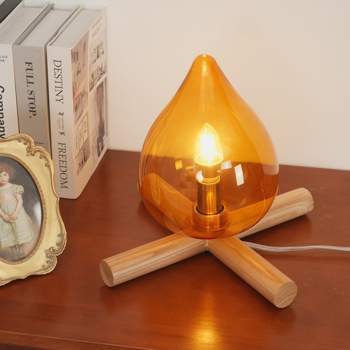 Flame-Effect Glass Table Lamp – Wooden Cross Base – View 11