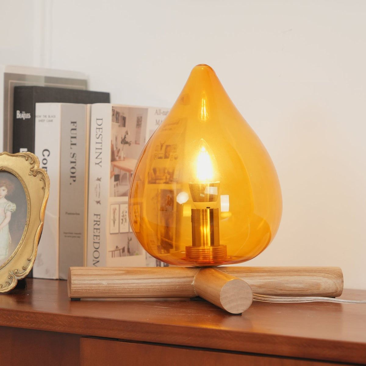 Flame-Effect Glass Table Lamp – Wooden Cross Base – View 19