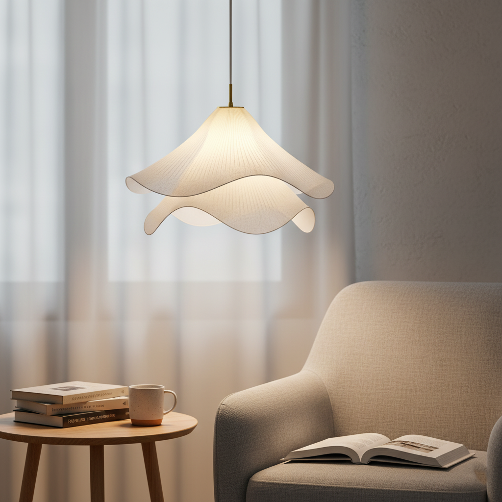 Japandi Rippled Fabric Pendant Light – Matt White LED Shade