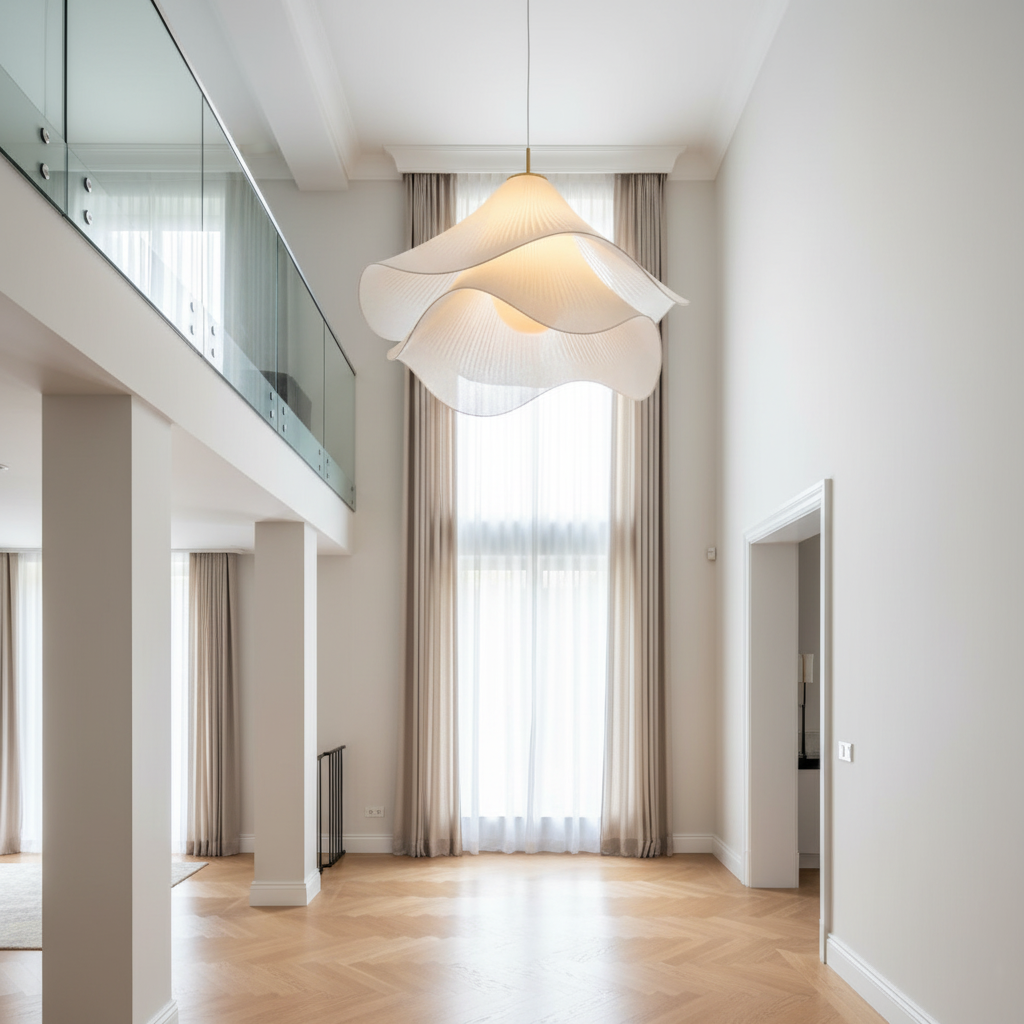 Japandi Rippled Fabric Pendant Light – Matt White LED Shade