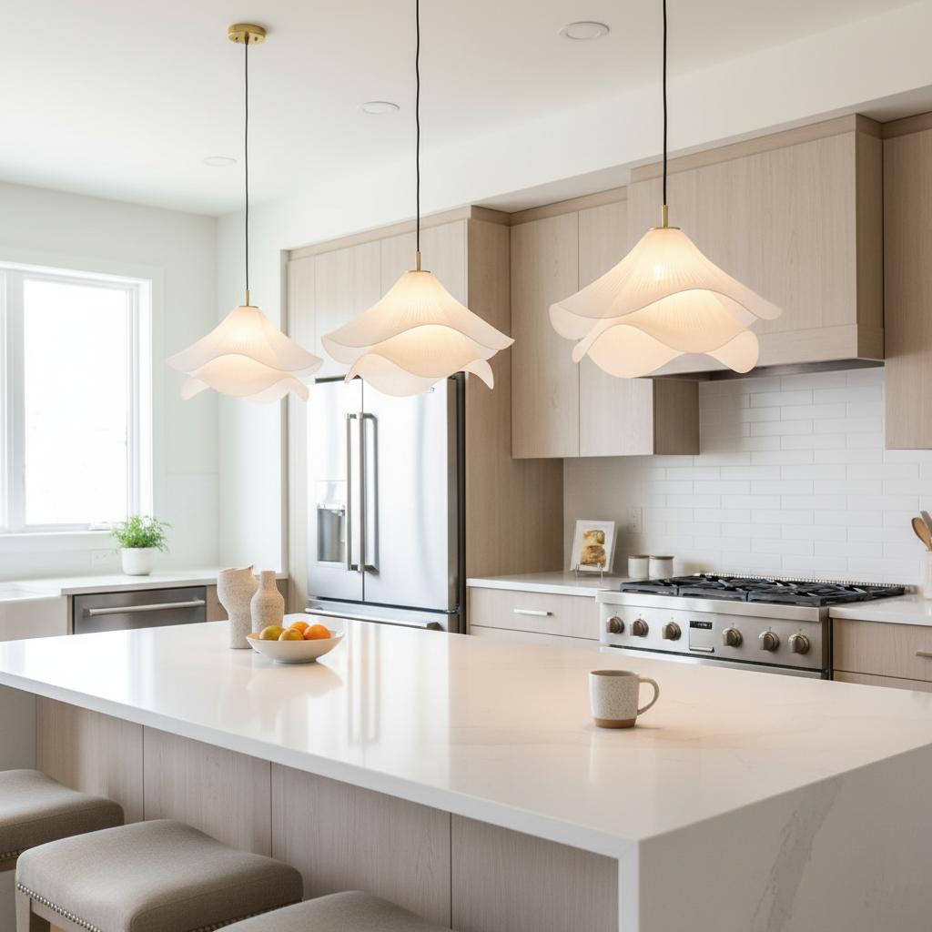 Japandi Rippled Fabric Pendant Light – Matt White LED Shade