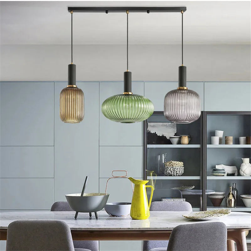 Coloured Blown Glass Pendant Light – Retro Wrought Iron Frame