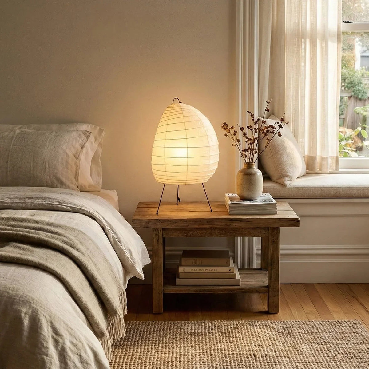 Akari Table Lamp – Ecru Ceramic – Semi-Oval Form, Diffused Light, H 26–35cm (10.2"–13.8")