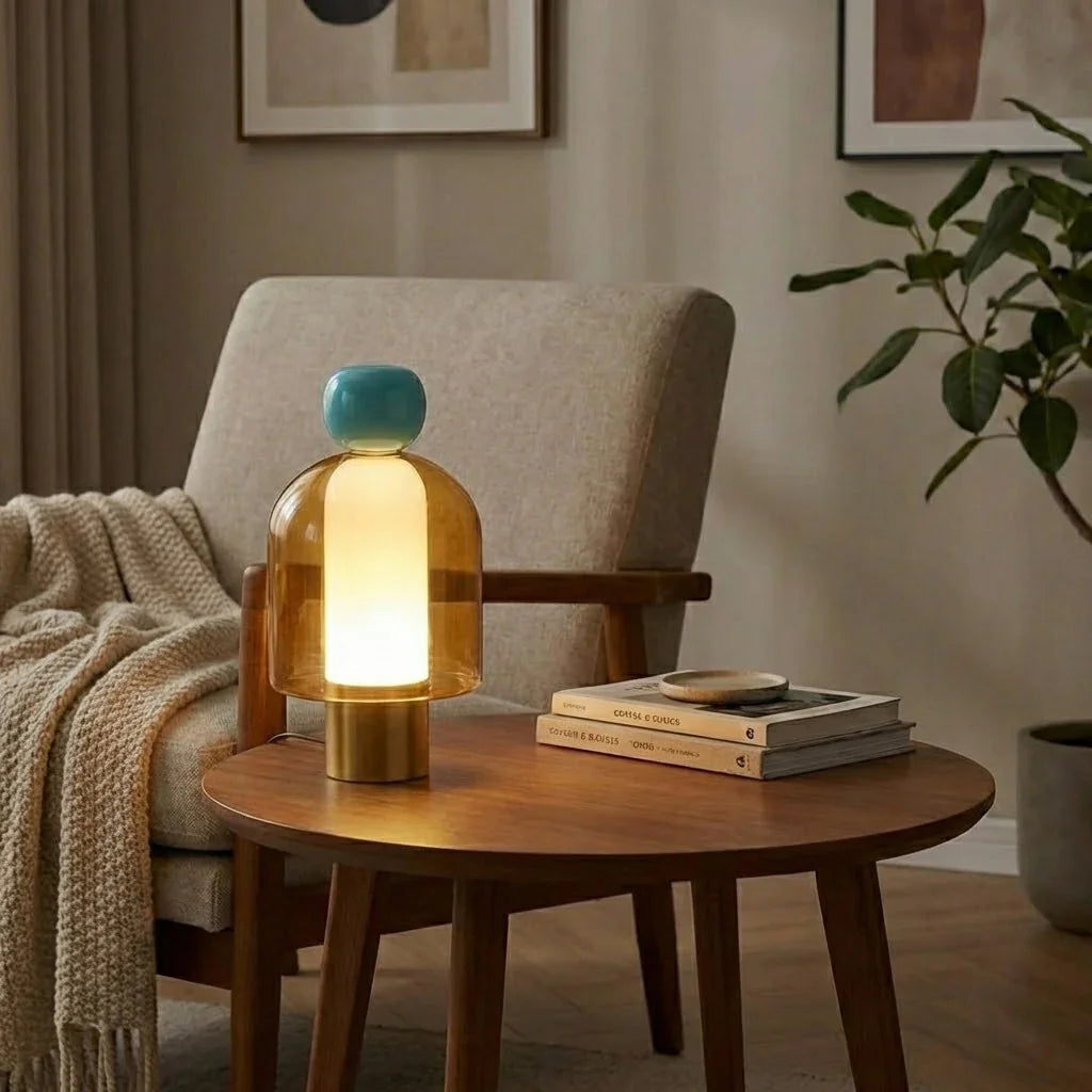 Amber Table Lamp – Blue Blown Glass – Sculptural Design, Integrated LED, Ø 12cm (4.7")