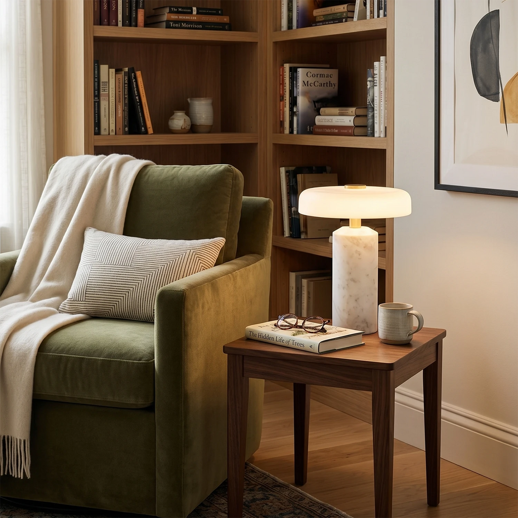Calypso Table Lamp – White Marble and Brushed Brass – Organic Design, Integrated LED, Ø 17cm (6.7")