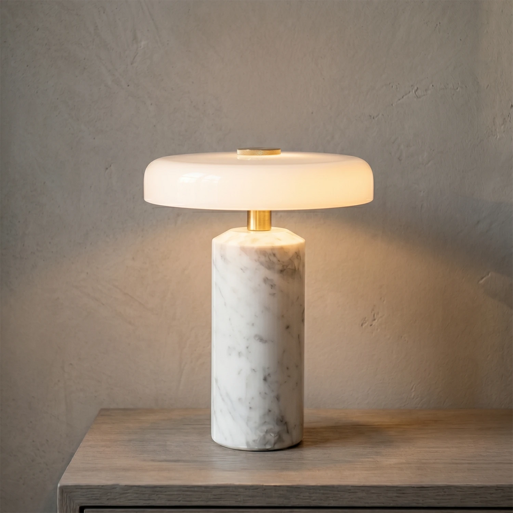 Calypso Table Lamp – White Marble and Brushed Brass – Organic Design, Integrated LED, Ø 17cm (6.7")