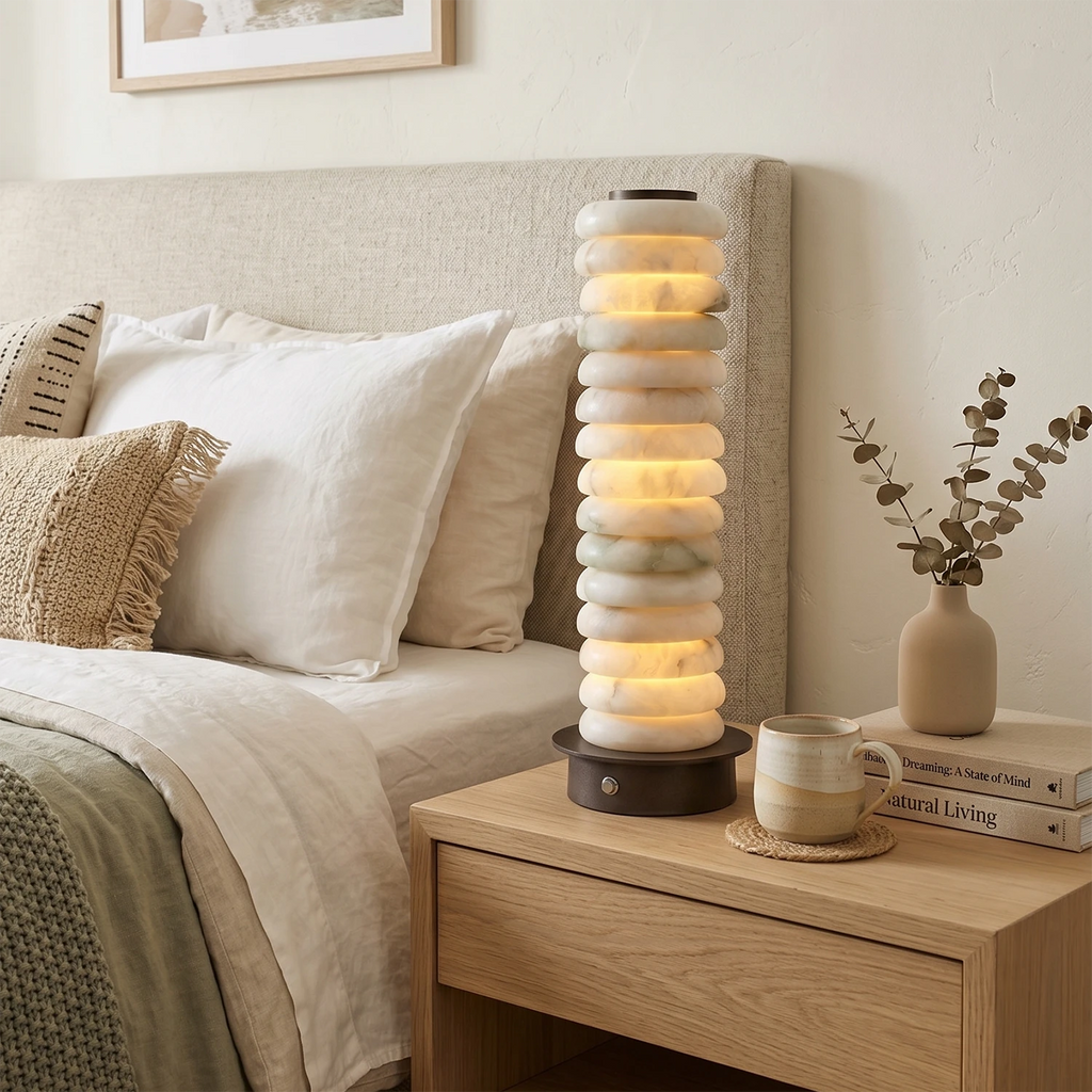 Cascade Table Lamp – Natural Alabaster and Bronze Metal – Diffused Light, E14 (SES), H 26–35cm (10.2"–13.8")