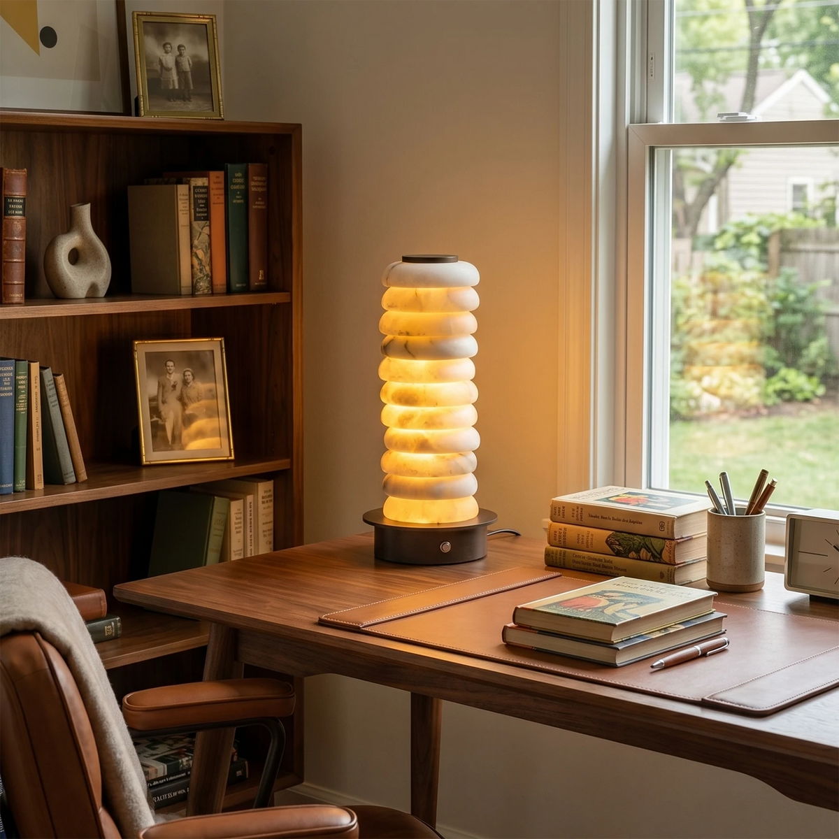 Cascade Table Lamp – Natural Alabaster and Bronze Metal – Diffused Light, E14 (SES), H 26–35cm (10.2"–13.8")