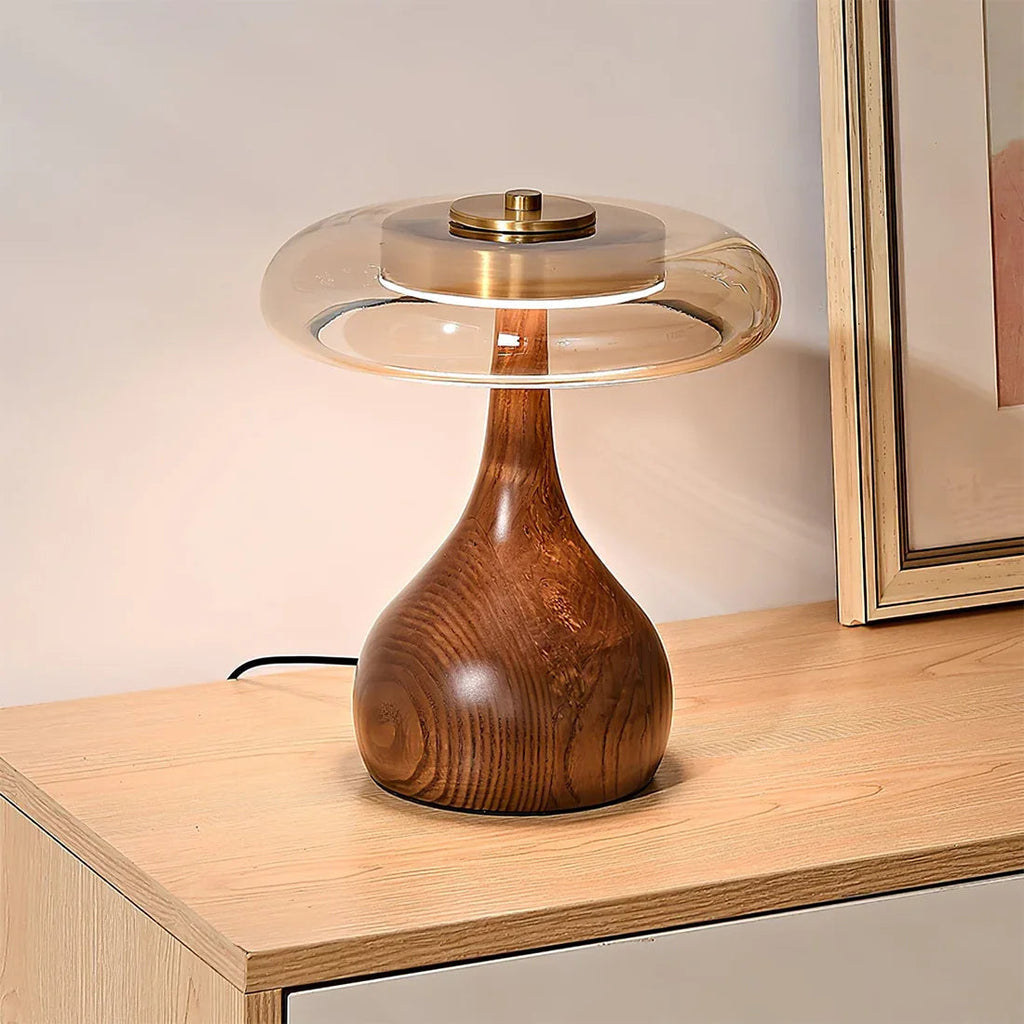 Discus Table Lamp – Wood and Amber Glass – Sculptural Elegance, Integrated LED, Ø 22cm (8.7")