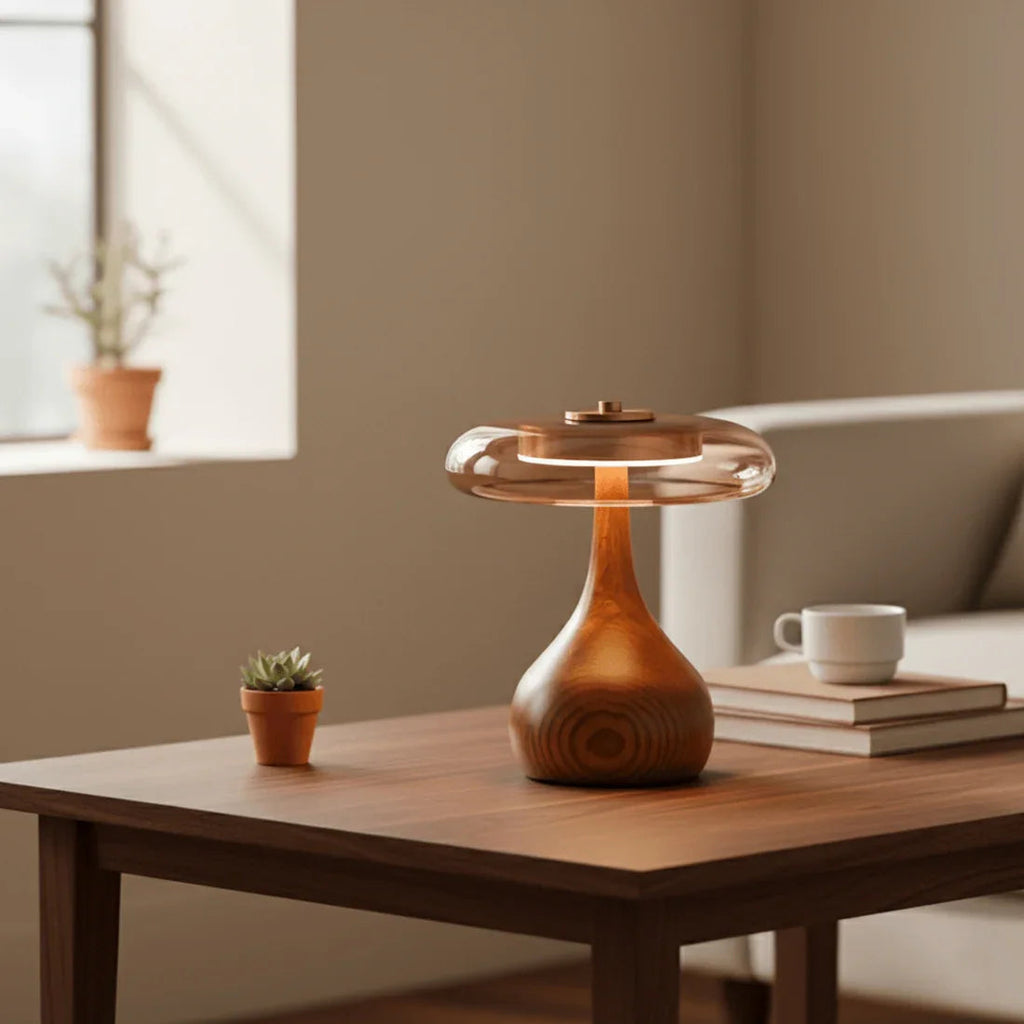 Discus Table Lamp – Wood and Amber Glass – Sculptural Elegance, Integrated LED, Ø 22cm (8.7")