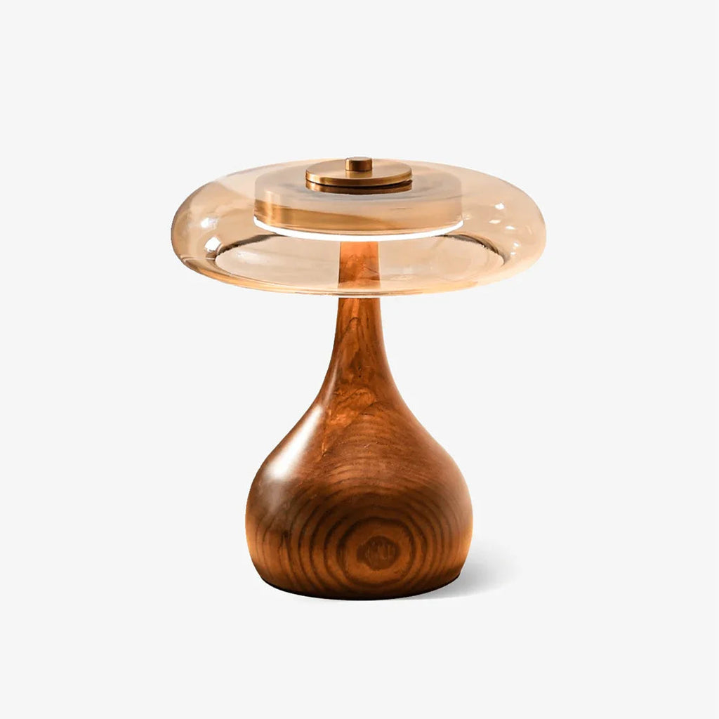 Discus Table Lamp – Wood and Amber Glass – Sculptural Elegance, Integrated LED, Ø 22cm (8.7")