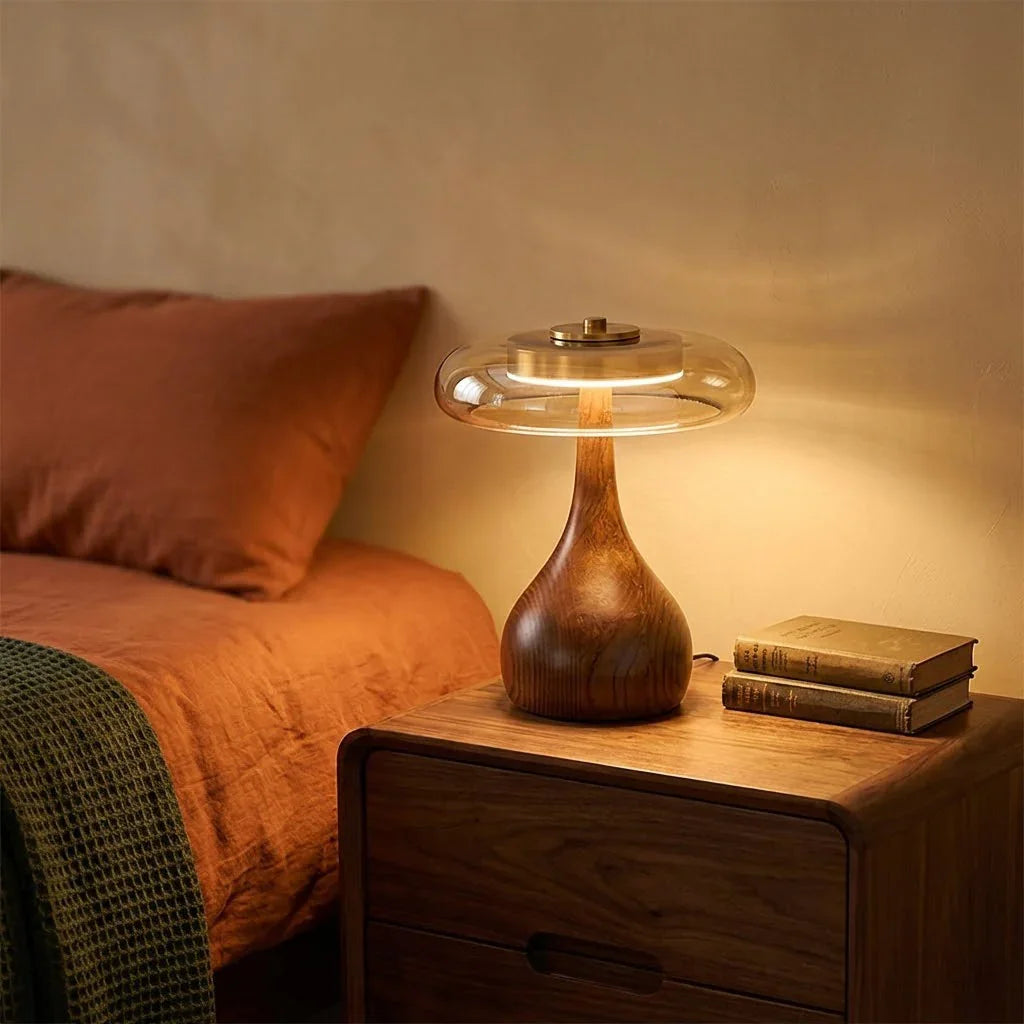 Discus Table Lamp – Wood and Amber Glass – Sculptural Elegance, Integrated LED, Ø 22cm (8.7")