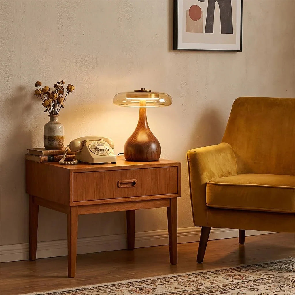 Discus Table Lamp – Wood and Amber Glass – Sculptural Elegance, Integrated LED, Ø 22cm (8.7")