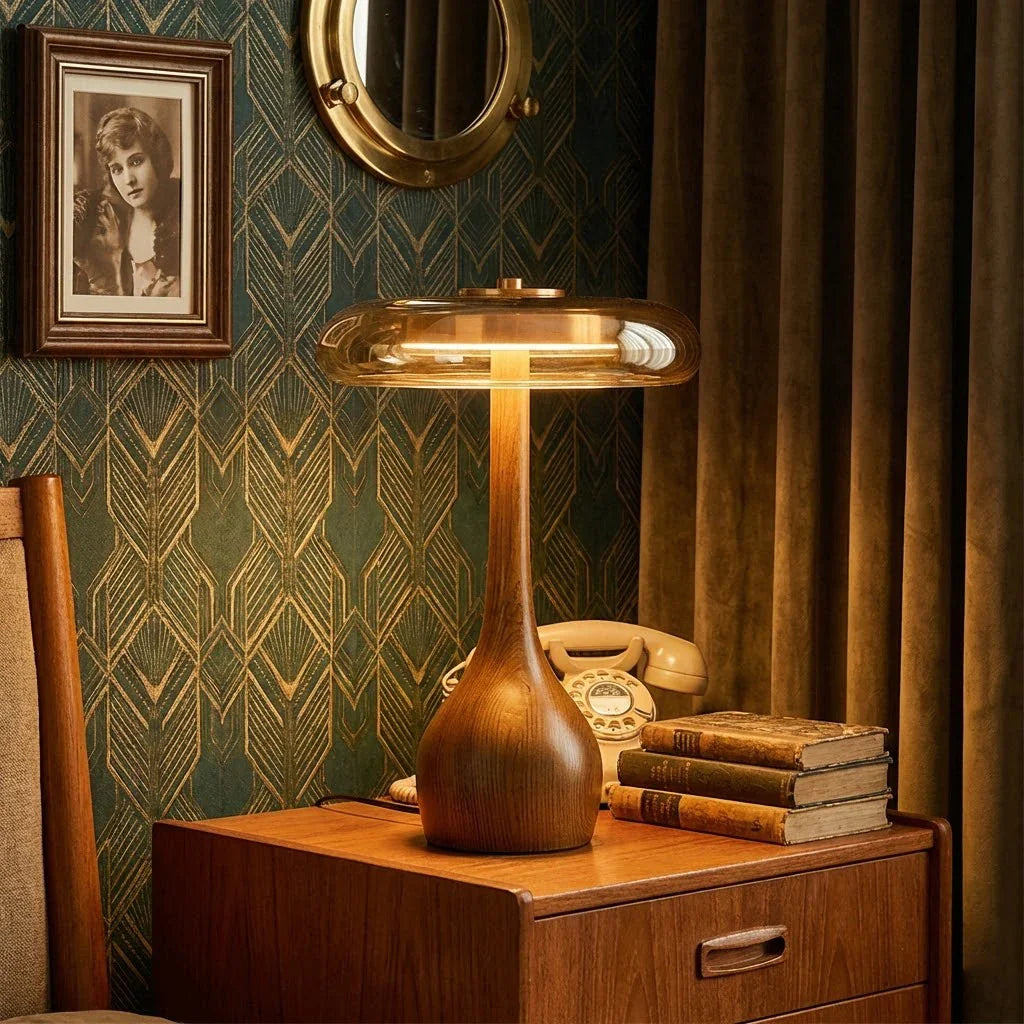Discus Table Lamp – Wood and Amber Glass – Sculptural Elegance, Integrated LED, Ø 22cm (8.7")