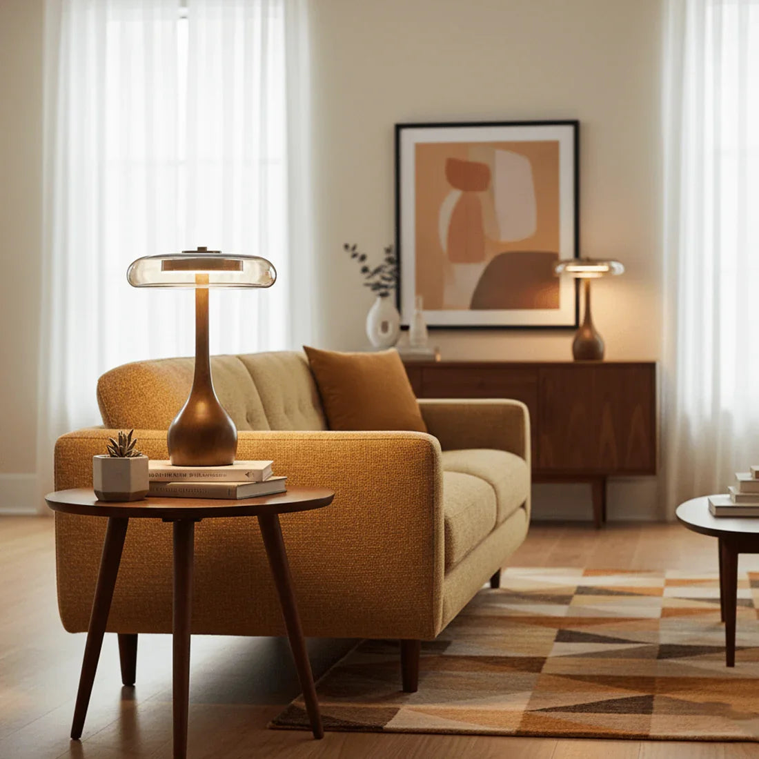 Discus Table Lamp – Wood and Amber Glass – Sculptural Elegance, Integrated LED, Ø 22cm (8.7")
