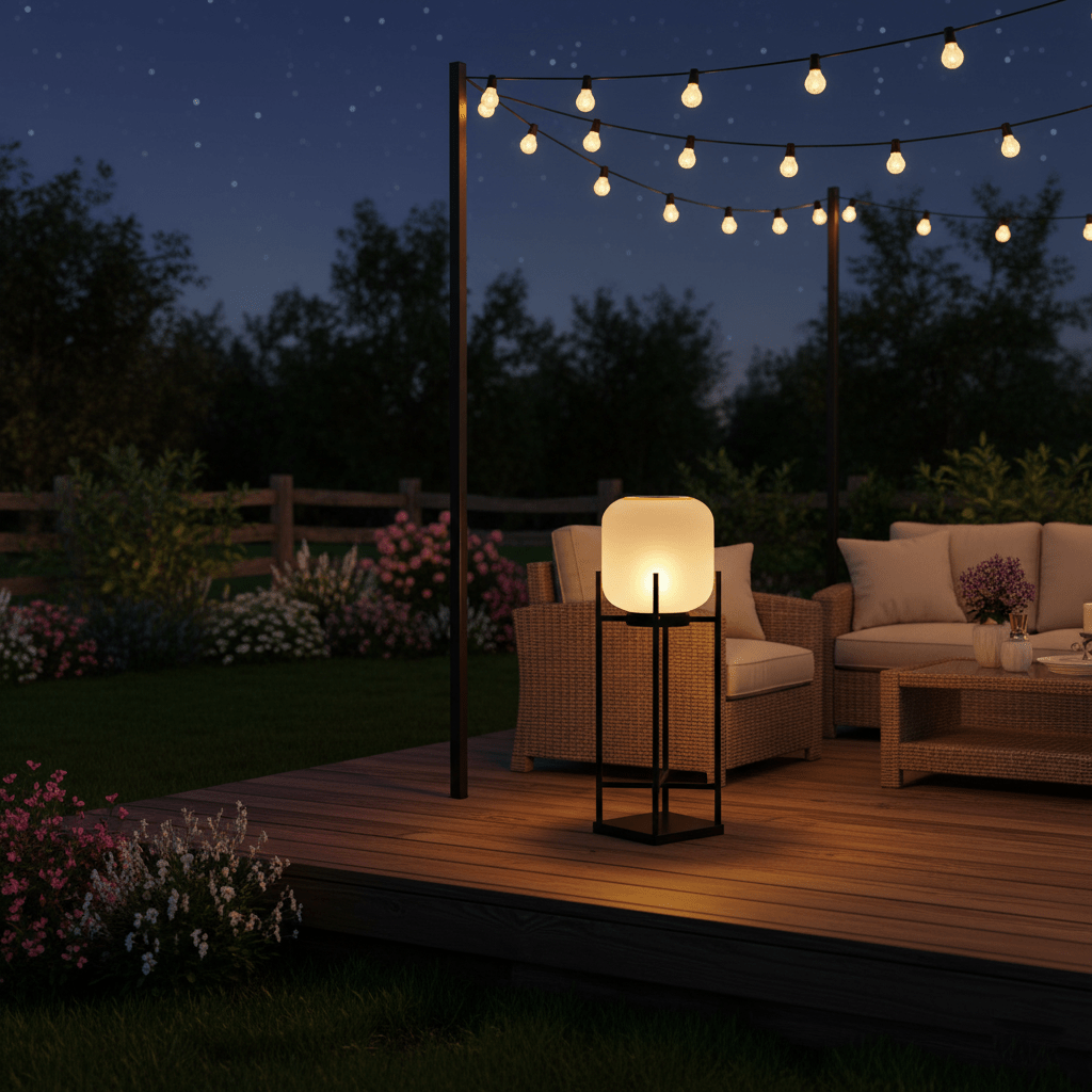 Lantern solar outdoor floor lamp in black with frosted white shade — image 3