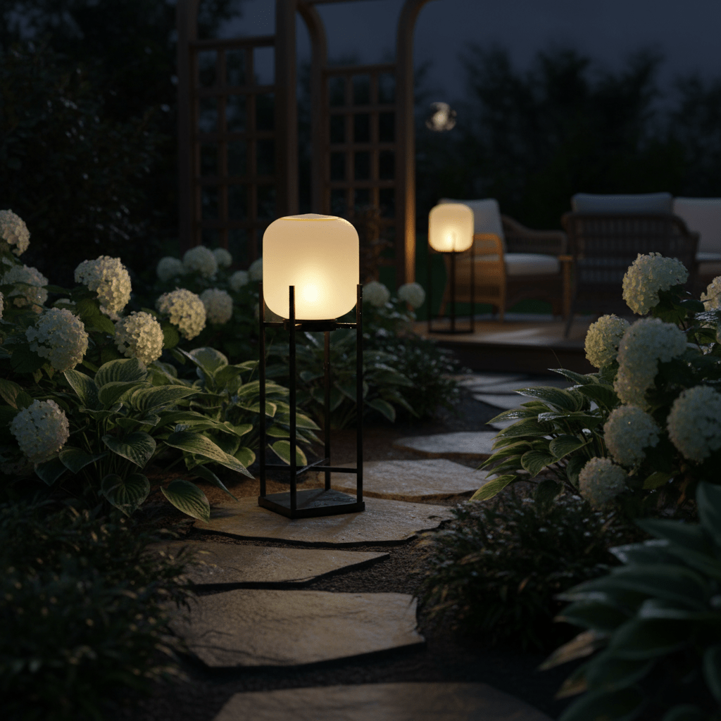 Lantern solar outdoor floor lamp in black with frosted white shade — image 6