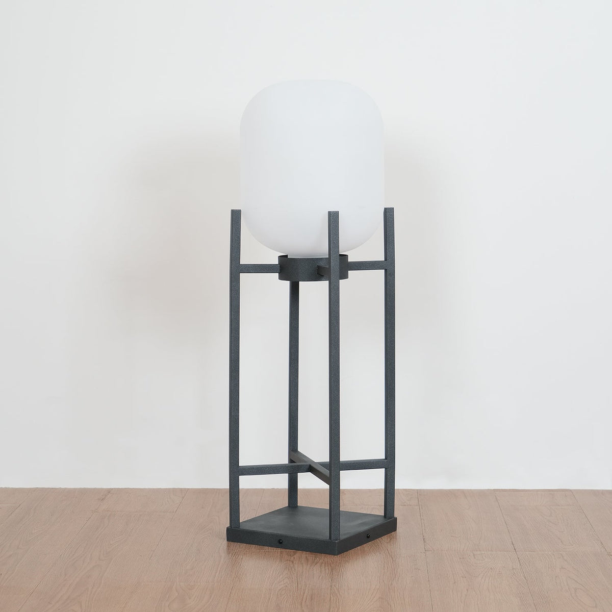 Lantern solar outdoor floor lamp in black with frosted white shade — image 42