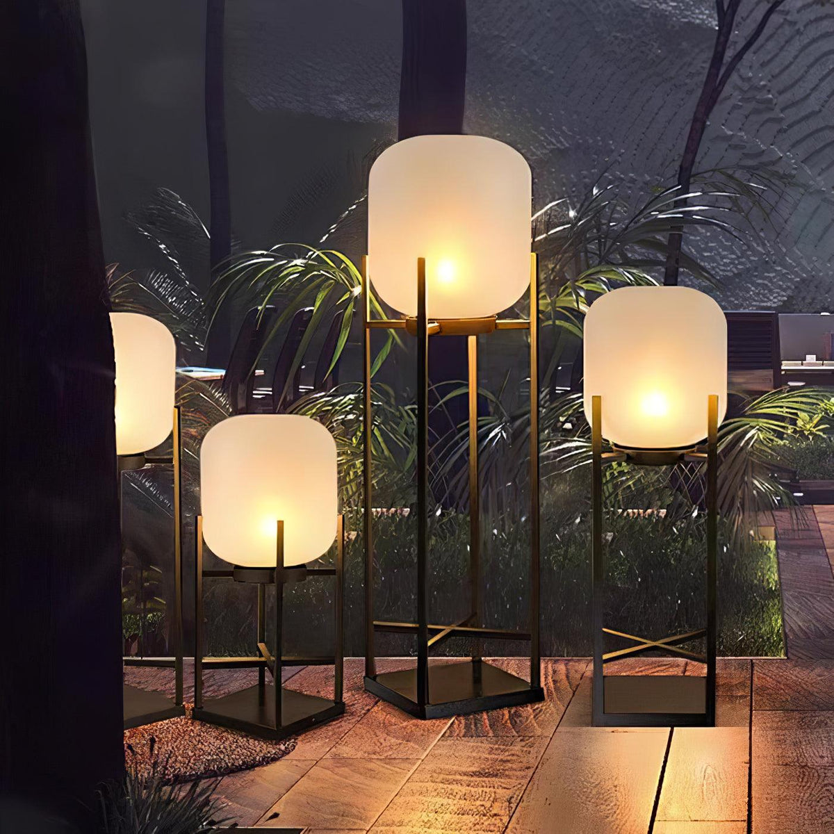 Lantern solar outdoor floor lamp in black with frosted white shade — image 9
