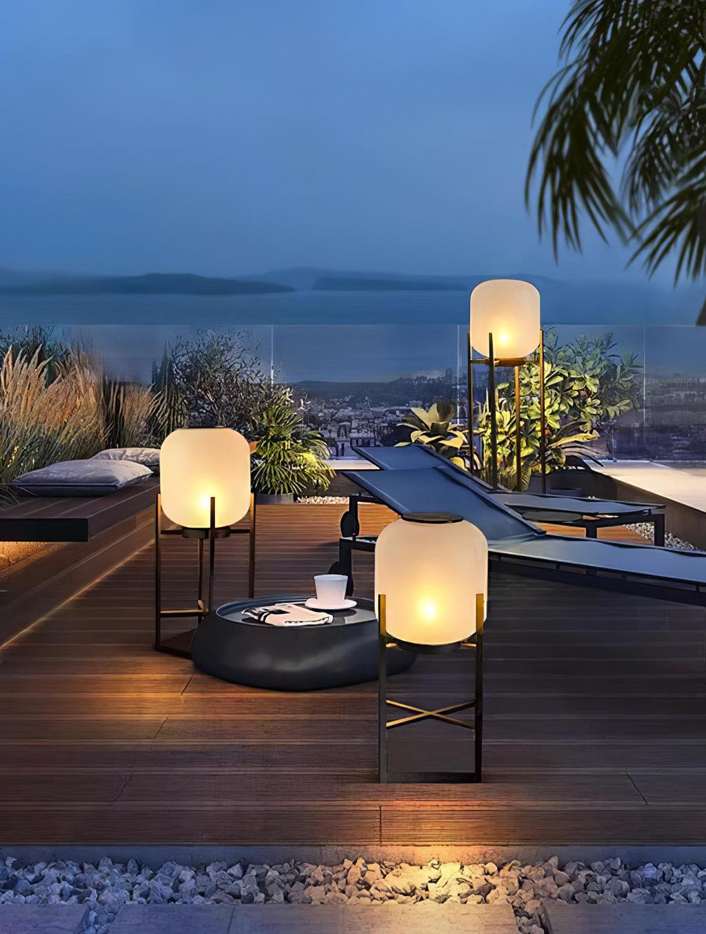 Lantern solar outdoor floor lamp in black with frosted white shade — image 12