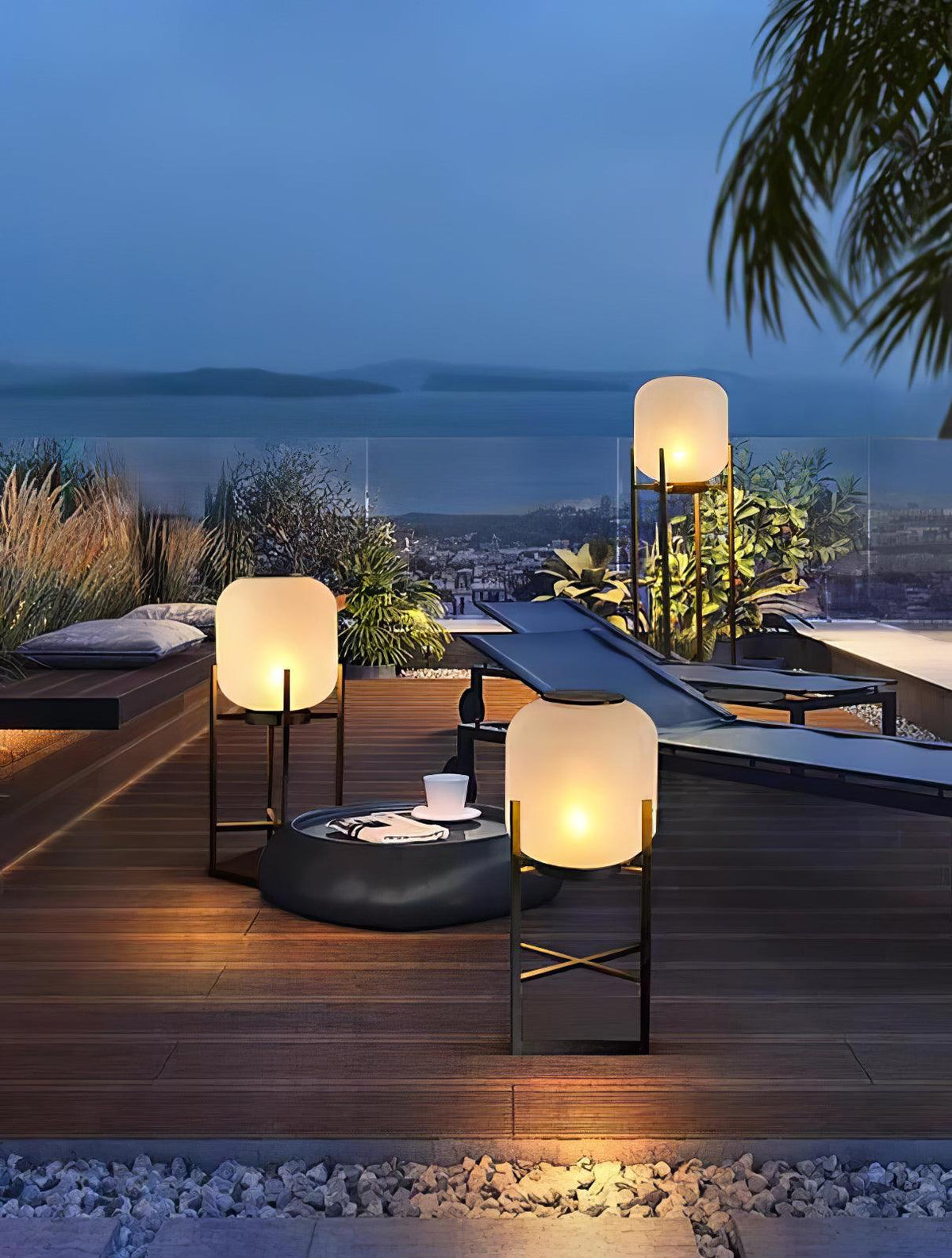 Lantern solar outdoor floor lamp in black with frosted white shade — image 12