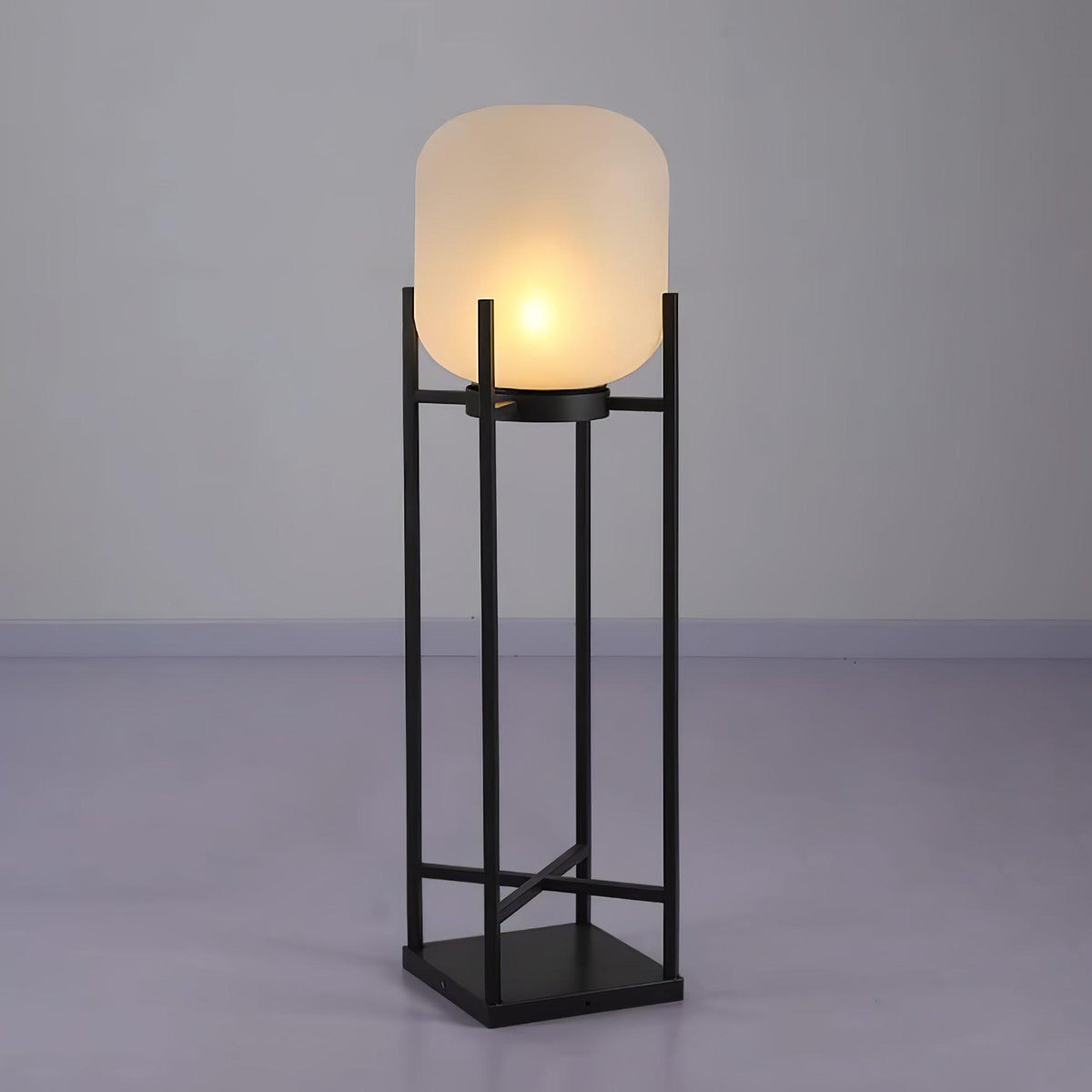 Lantern solar outdoor floor lamp in black with frosted white shade — image 32