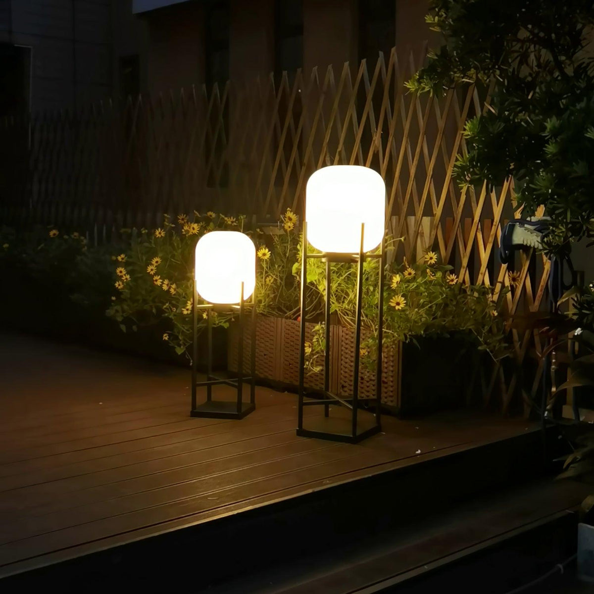 Lantern solar outdoor floor lamp in black with frosted white shade — image 27