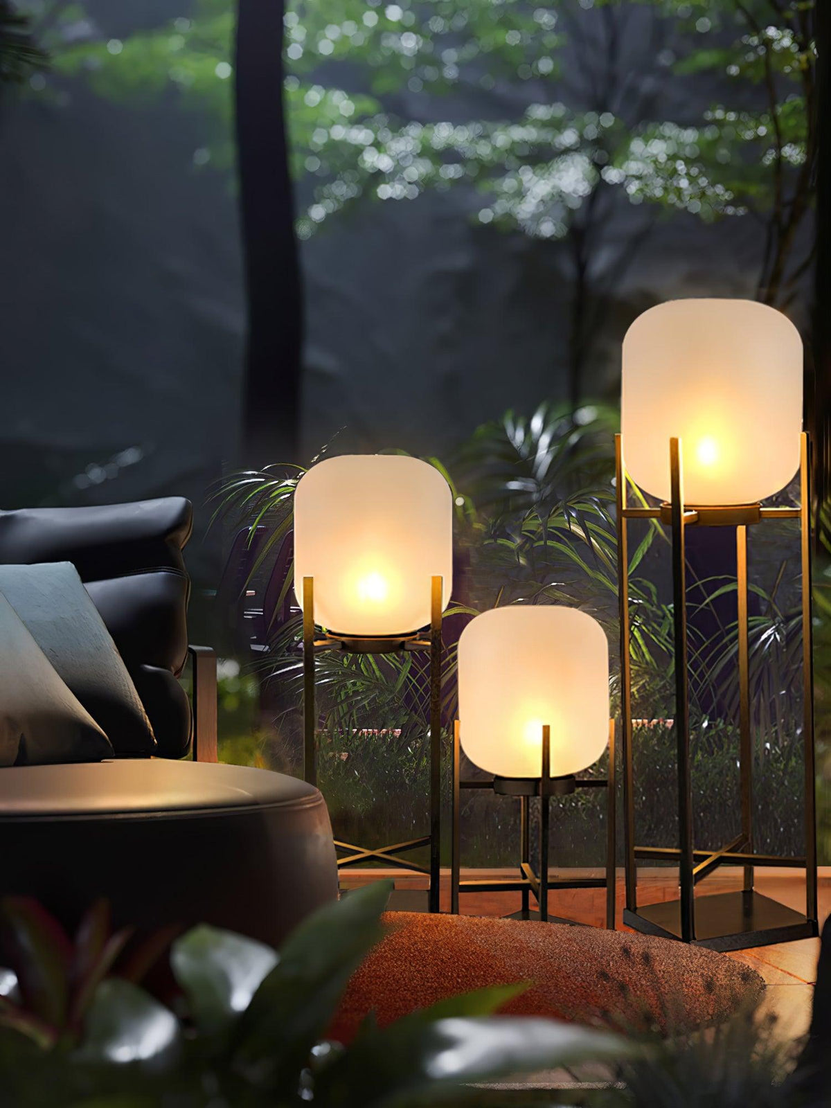 Lantern solar outdoor floor lamp in black with frosted white shade — image 24