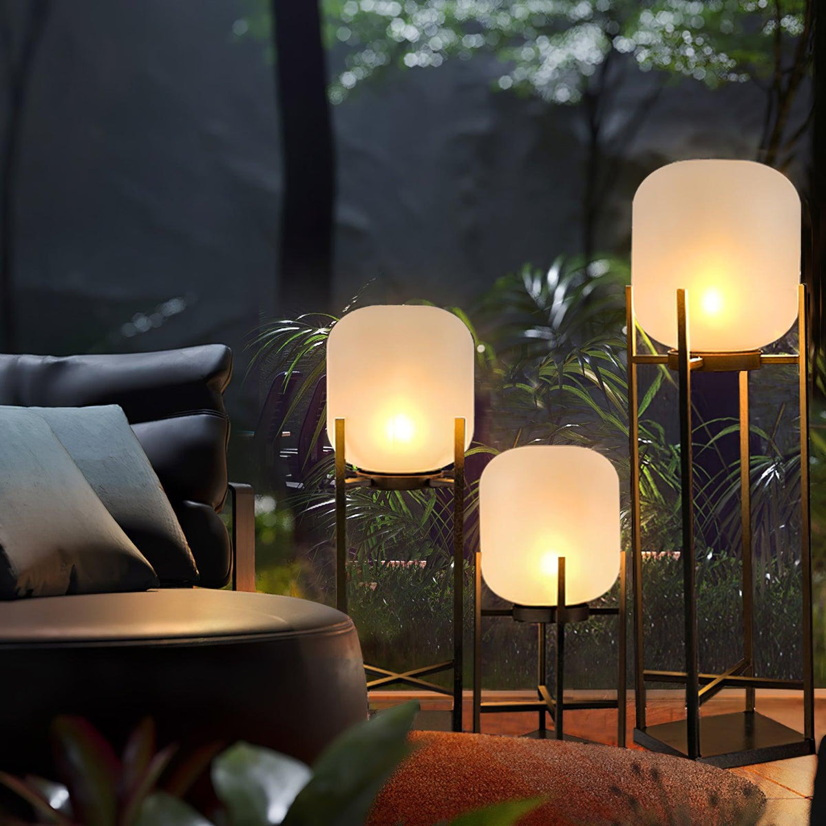 Lantern solar outdoor floor lamp in black with frosted white shade — image 22