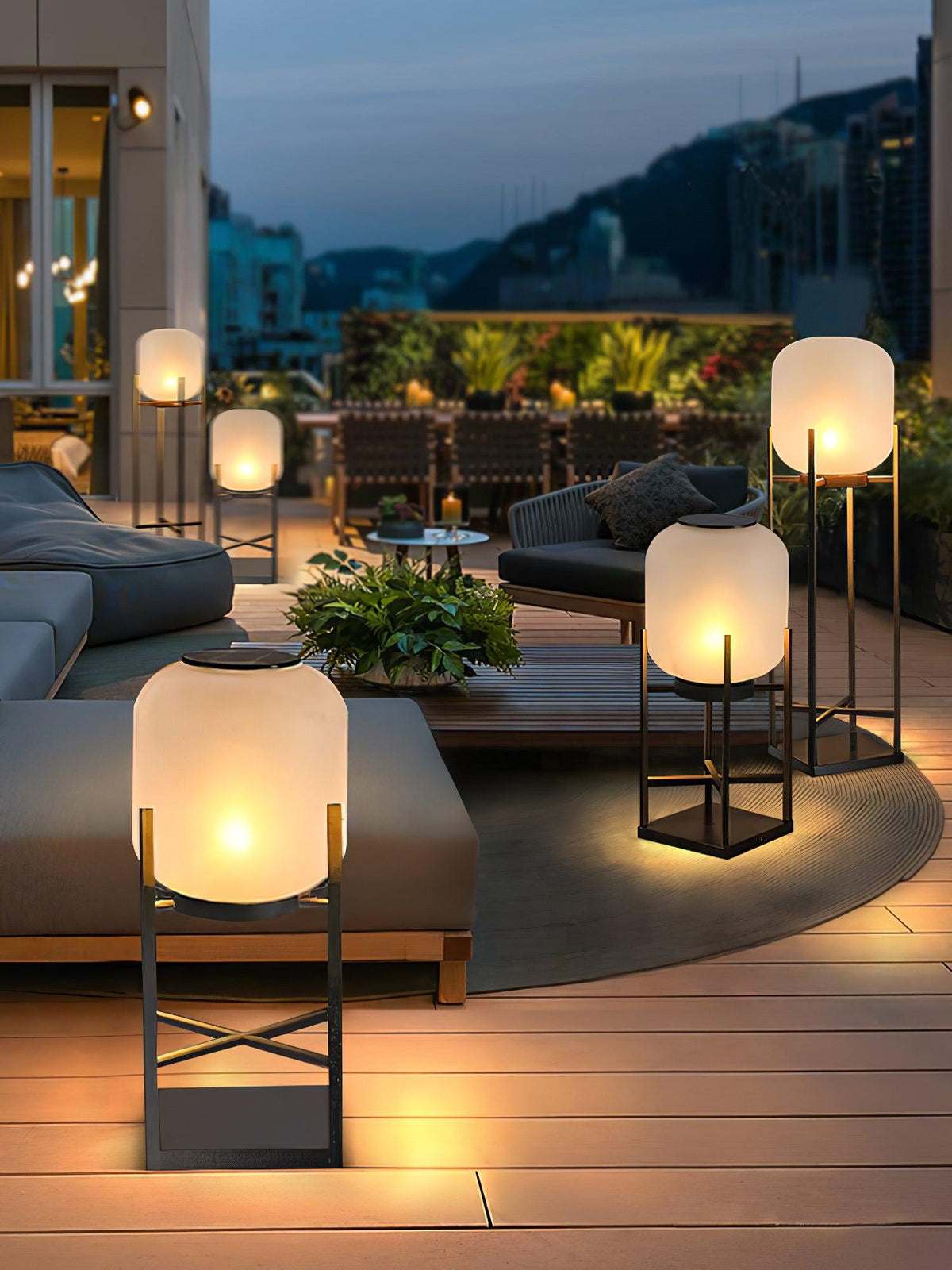 Lantern solar outdoor floor lamp in black with frosted white shade — image 21