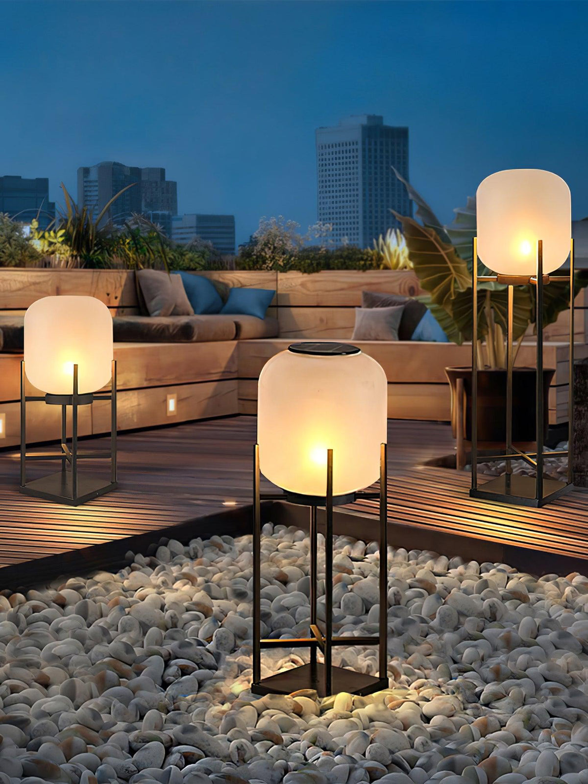 Lantern solar outdoor floor lamp in black with frosted white shade — image 20