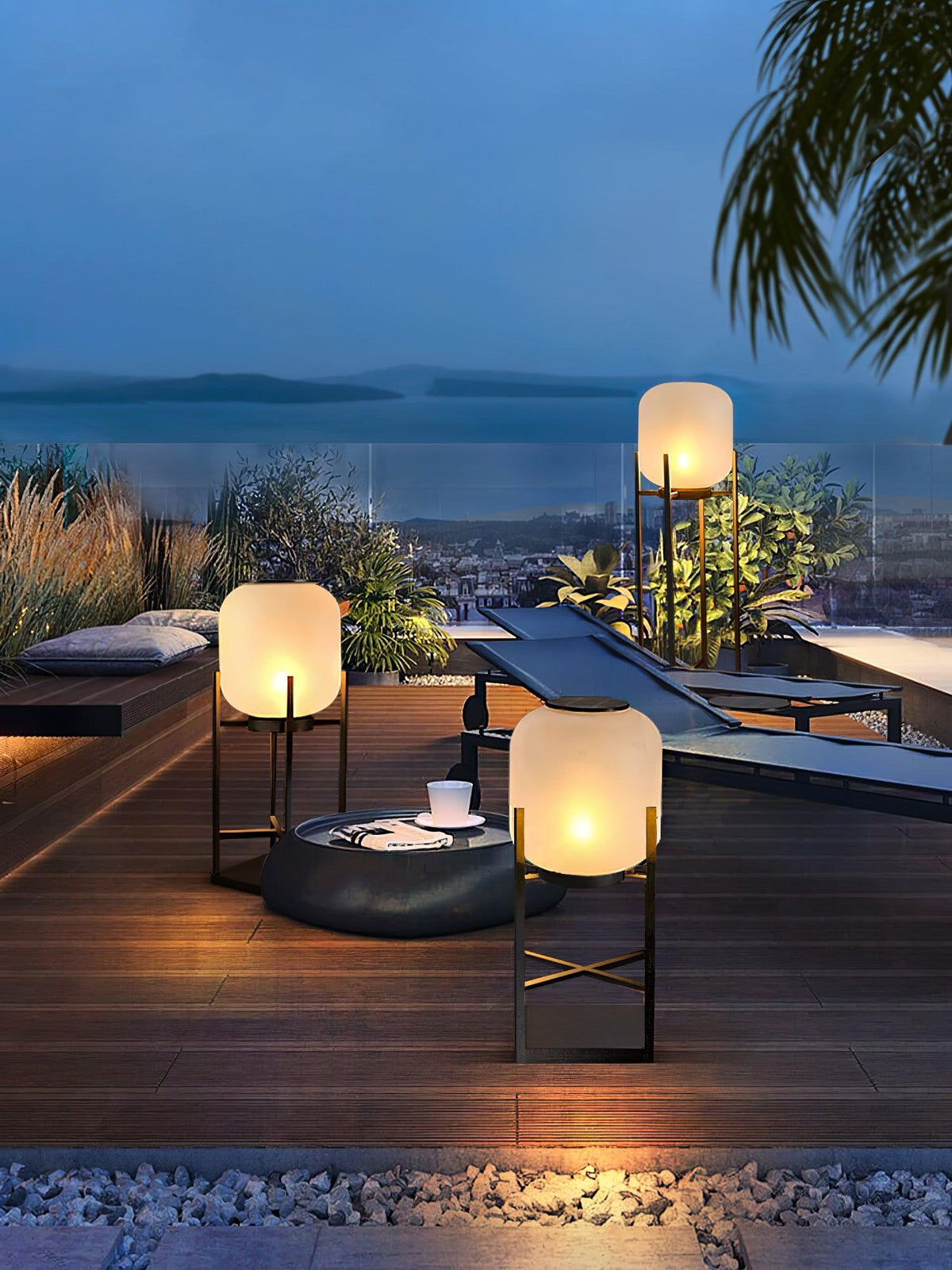 Lantern solar outdoor floor lamp in black with frosted white shade — image 18