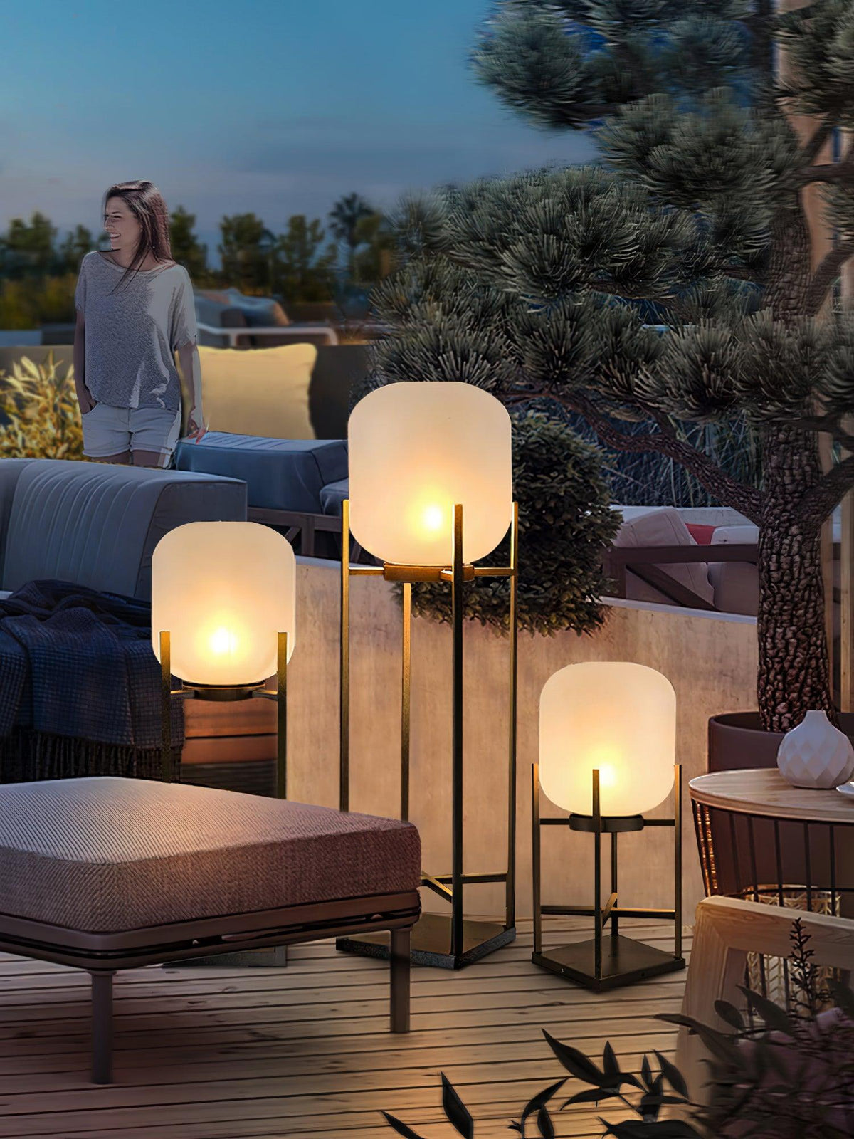 Lantern solar outdoor floor lamp in black with frosted white shade — image 17