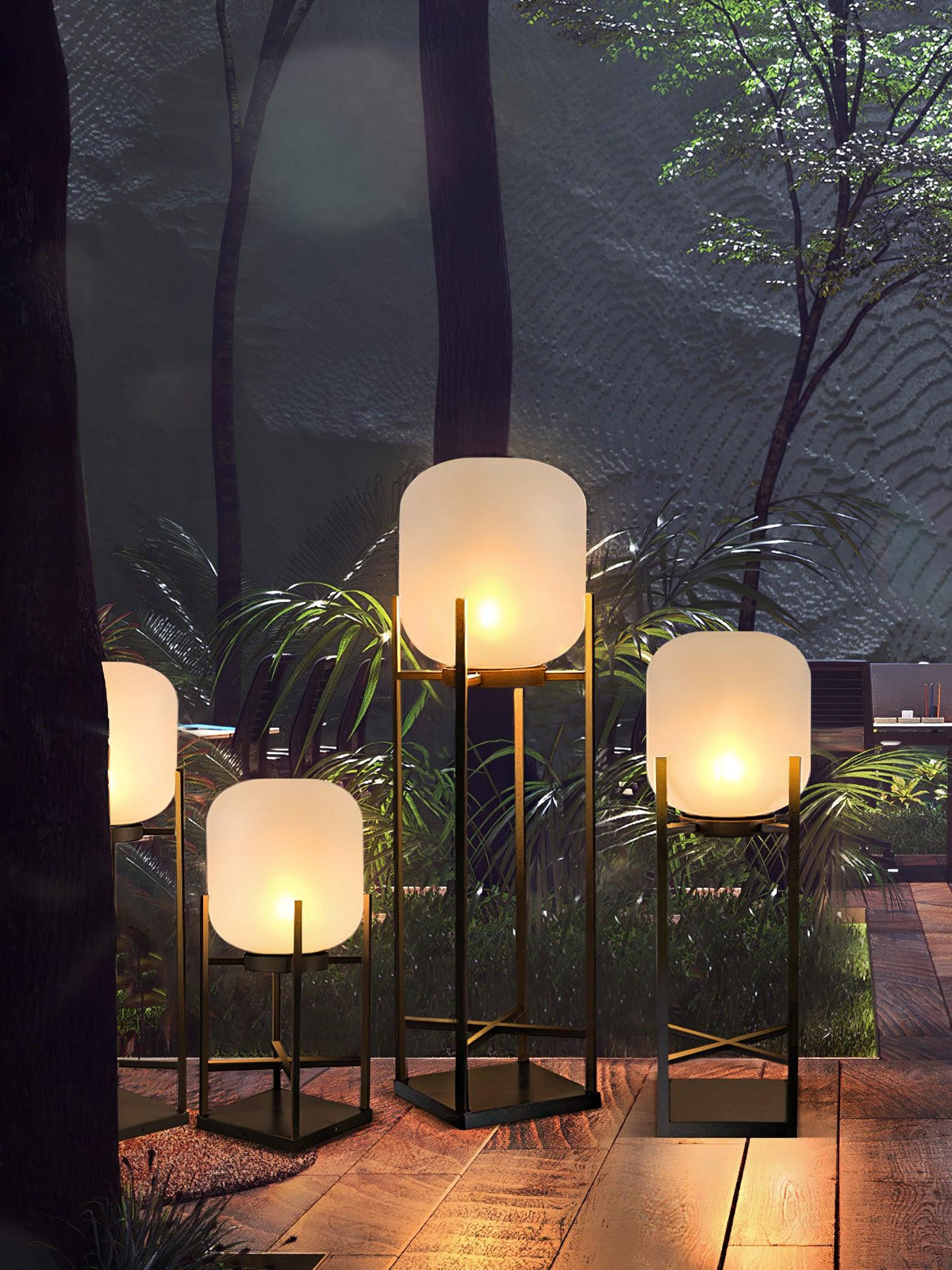 Lantern solar outdoor floor lamp in black with frosted white shade — image 16