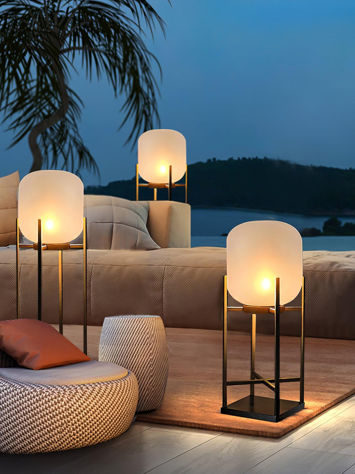 Lantern solar outdoor floor lamp in black with frosted white shade — image 15