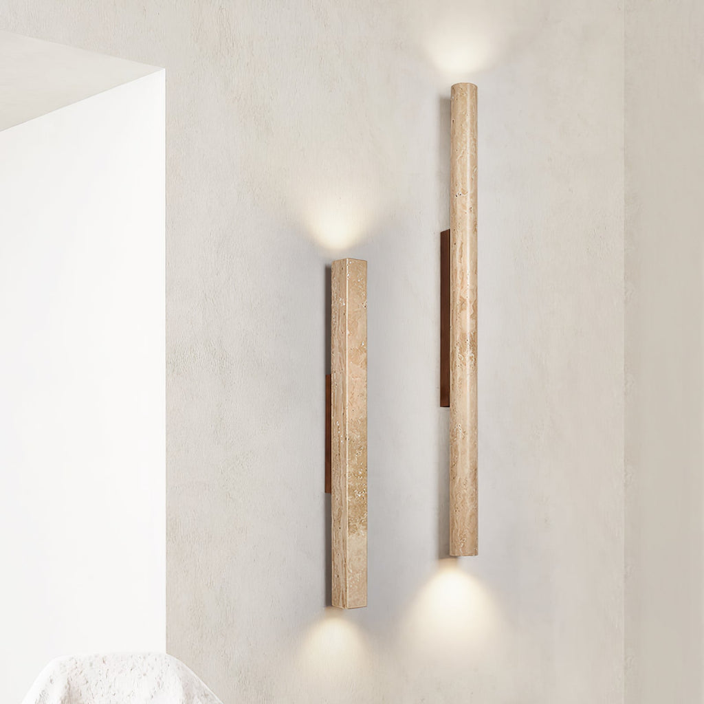 Travertine column wall light with natural wood detail — image 2