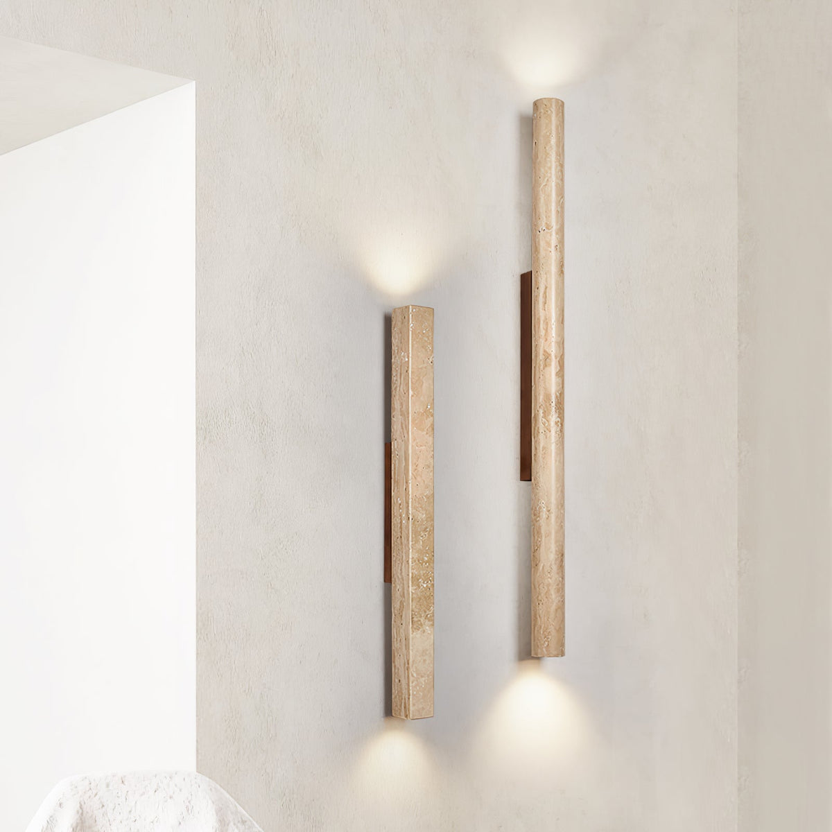 Travertine column wall light with natural wood detail — image 2