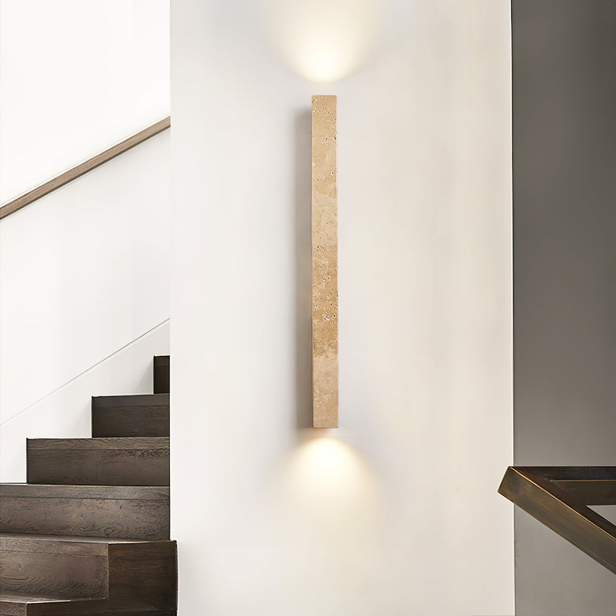 Travertine column wall light with natural wood detail — image 4