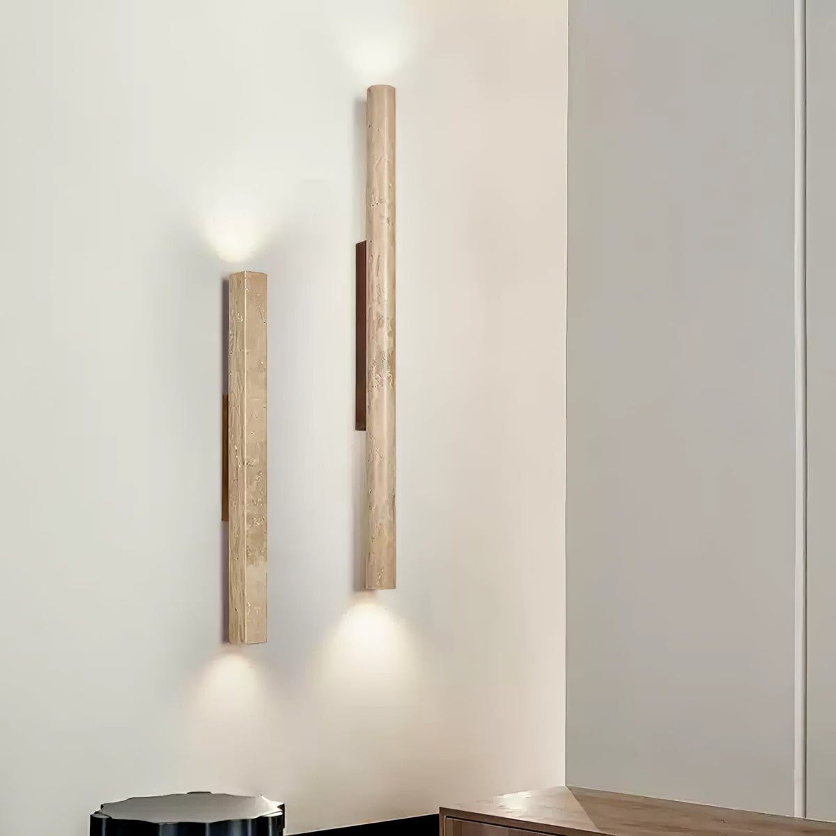 Travertine column wall light with natural wood detail — image 6