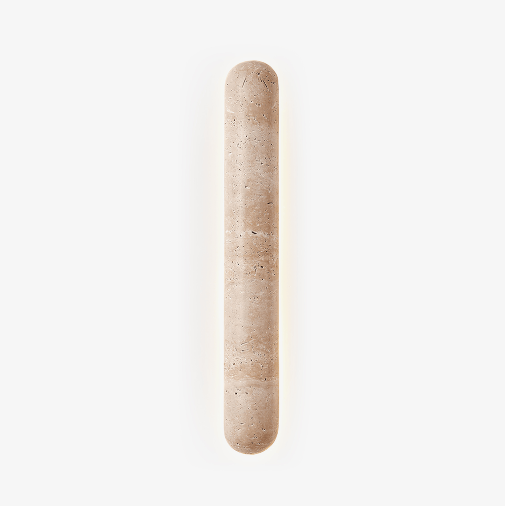 Backlit travertine wall light, slim stone bar with a warm halo (1)