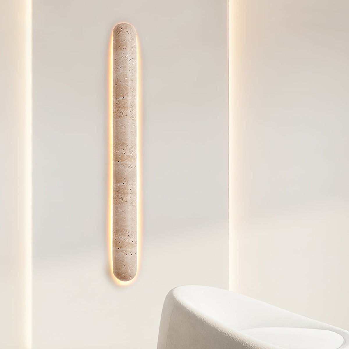 Backlit travertine wall light, slim stone bar with a warm halo (3)