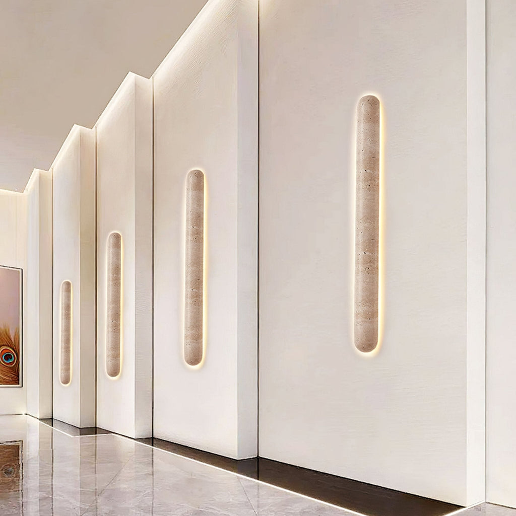 Backlit travertine wall light, slim stone bar with a warm halo (4)