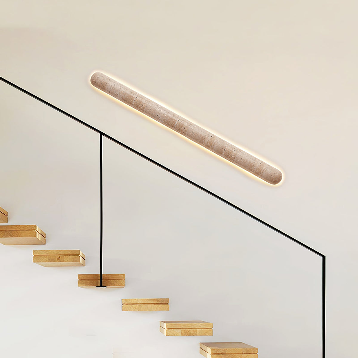 Backlit travertine wall light, slim stone bar with a warm halo (5)