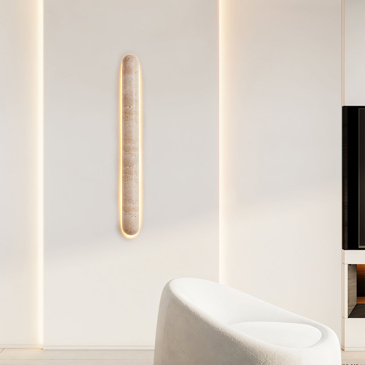 Backlit travertine wall light, slim stone bar with a warm halo (6)